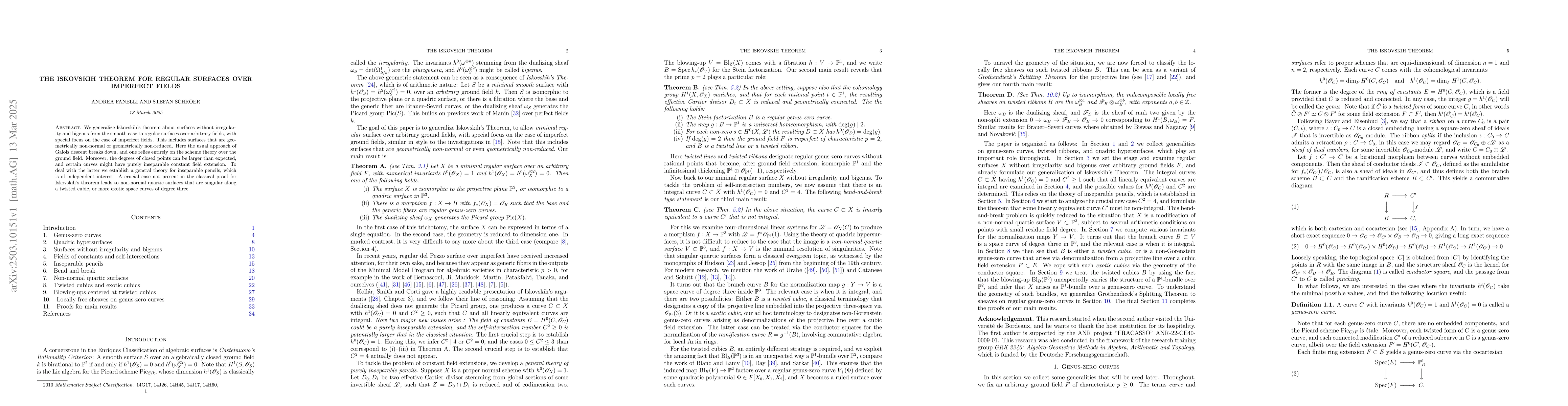 Thumbnail for The Iskovskih Theorem for regular surfaces over imperfect fields