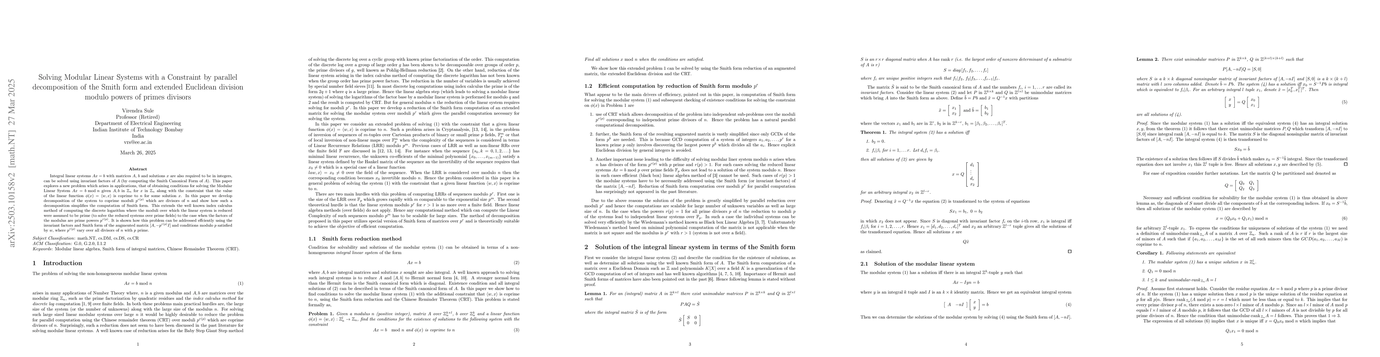 Thumbnail for Solving Modular Linear Systems with a Constraint by parallel
  decomposition of the Smith form and extended Euclidean division modulo powers
  of primes divisors