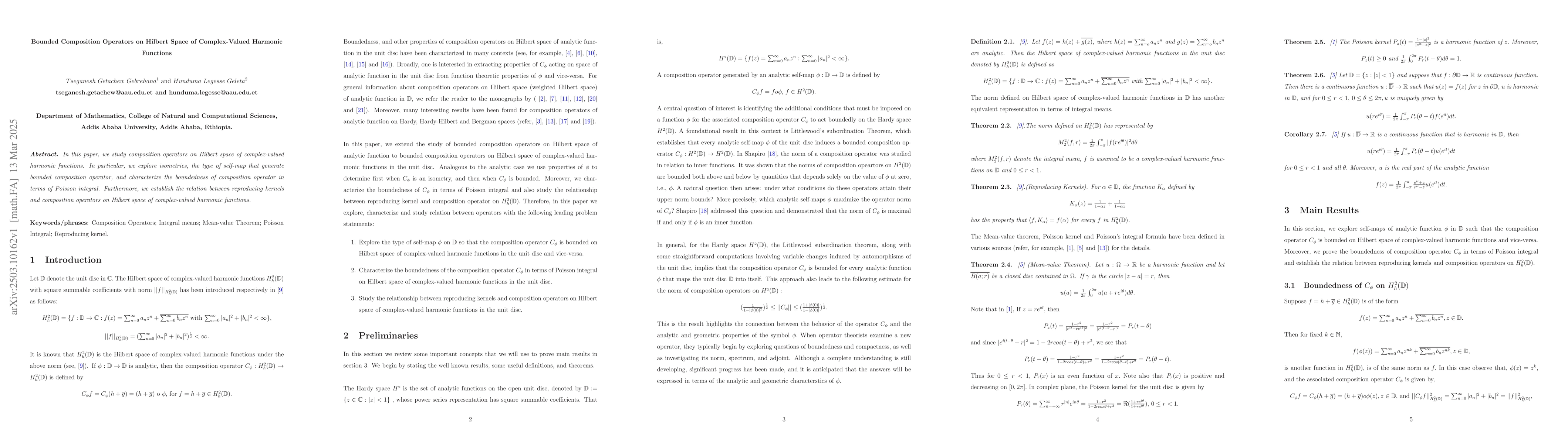 Thumbnail for Bounded Composition Operators on Hilbert Space of Complex-Valued
  Harmonic Functions