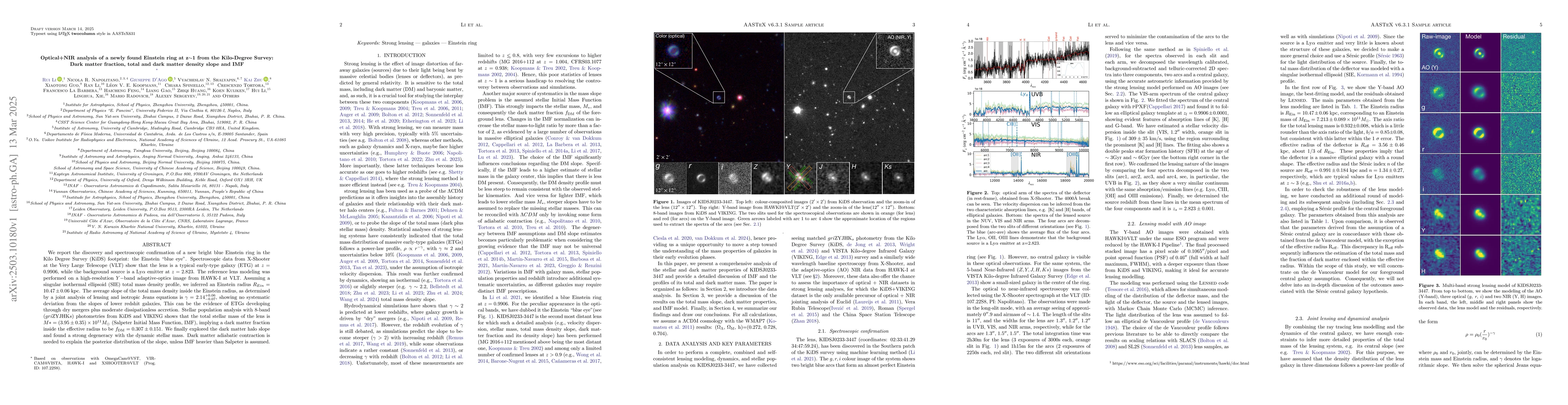 Thumbnail for Optical+NIR analysis of a newly found Einstein ring at z$\sim$1 from the
  Kilo-Degree Survey: Dark matter fraction, total and dark matter density slope
  and IMF