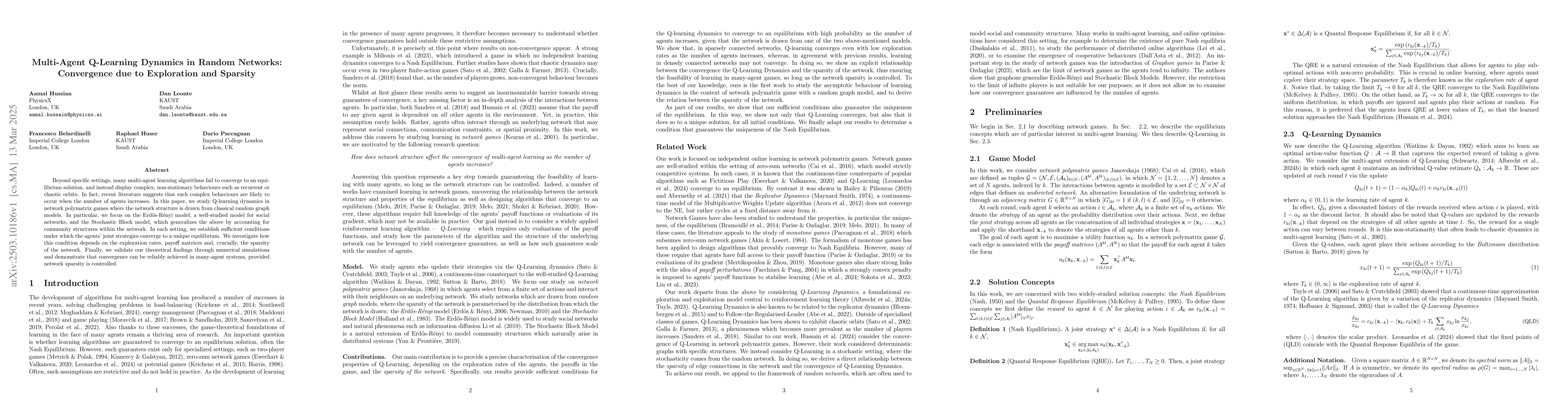 Thumbnail for Multi-Agent Q-Learning Dynamics in Random Networks: Convergence due to
  Exploration and Sparsity