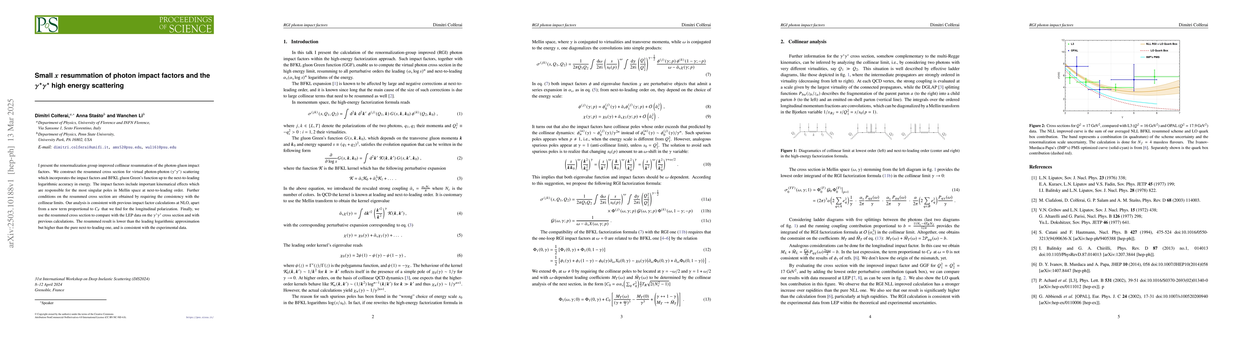 Thumbnail for Small $x$ resummation of photon impact factors and the $γ^*
  γ^*$ high energy scattering