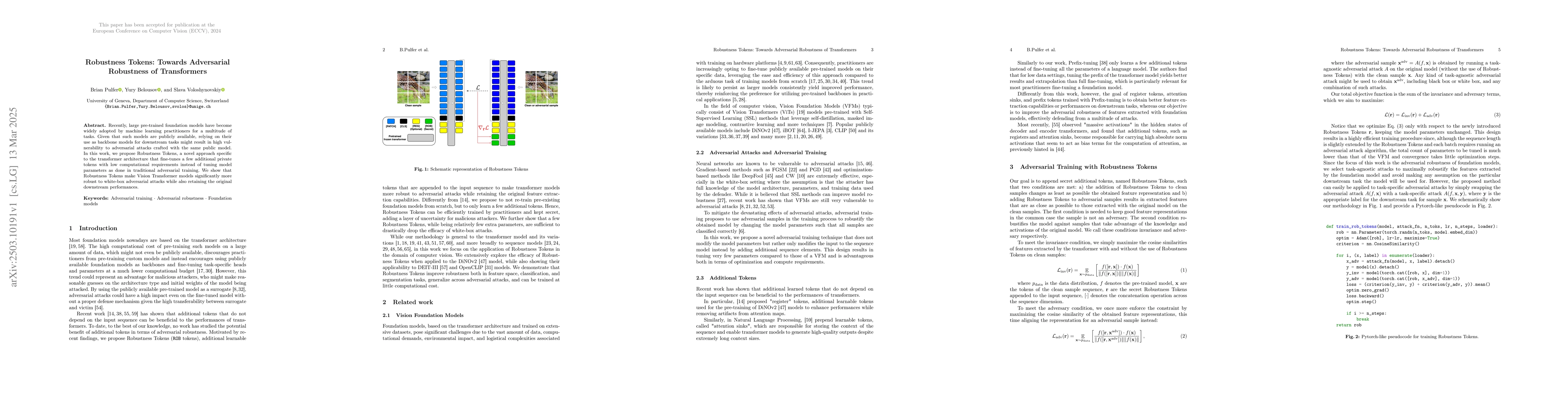 Thumbnail for Robustness Tokens: Towards Adversarial Robustness of Transformers