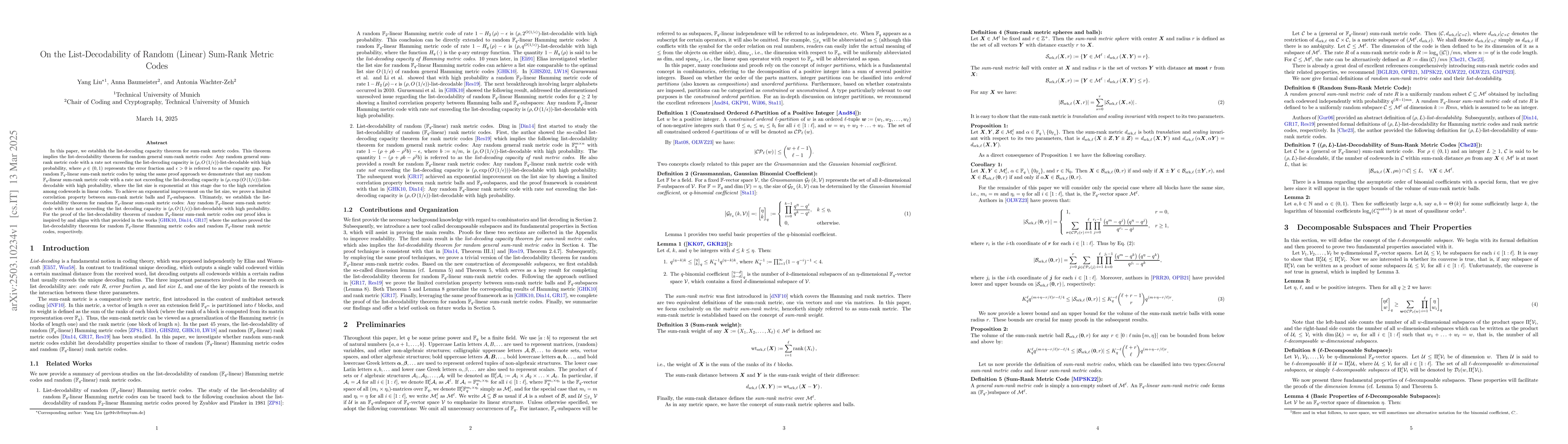 Thumbnail for On the List-Decodability of Random (Linear) Sum-Rank Metric Codes