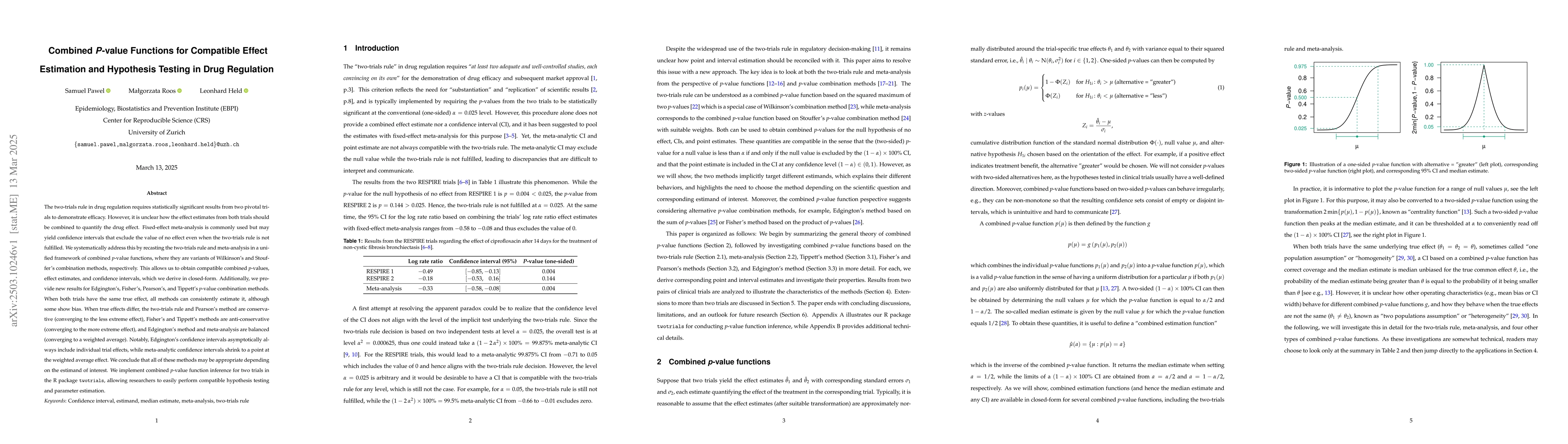 Thumbnail for Combined P-value Functions for Compatible Effect Estimation and
  Hypothesis Testing in Drug Regulation