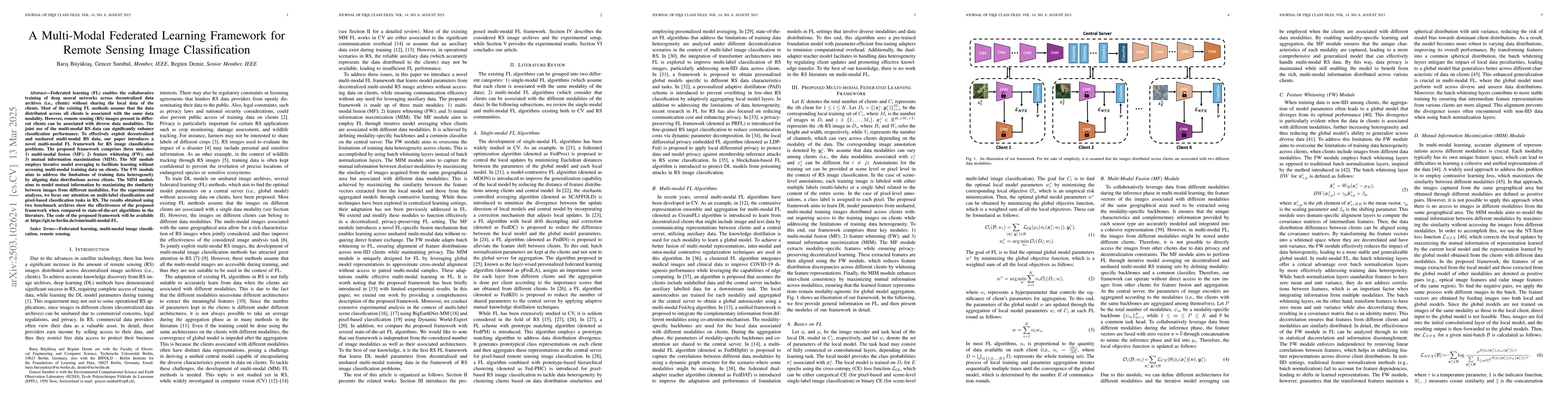 Thumbnail for A Multi-Modal Federated Learning Framework for Remote Sensing Image
  Classification