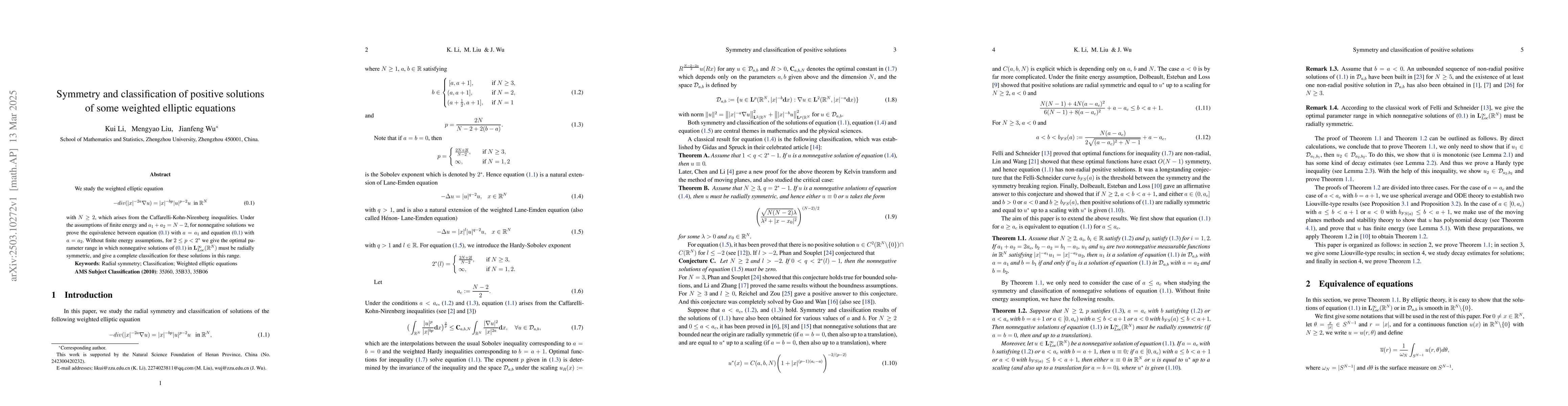 Thumbnail for Symmetry and classification of positive solutions of some weighted
  elliptic equations
