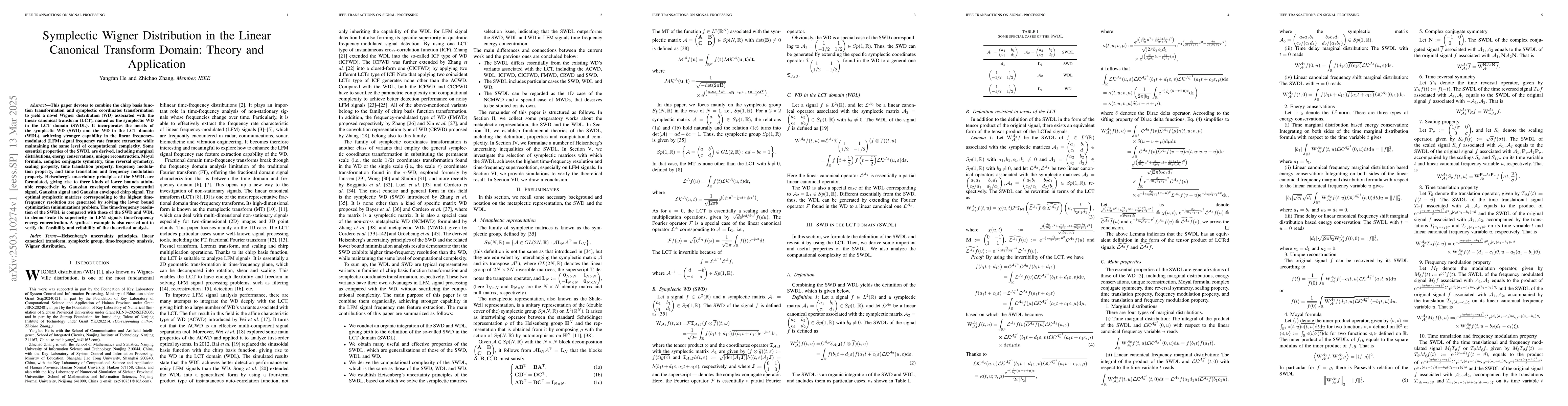Thumbnail for Symplectic Wigner Distribution in the Linear Canonical Transform Domain:
  Theory and Application
