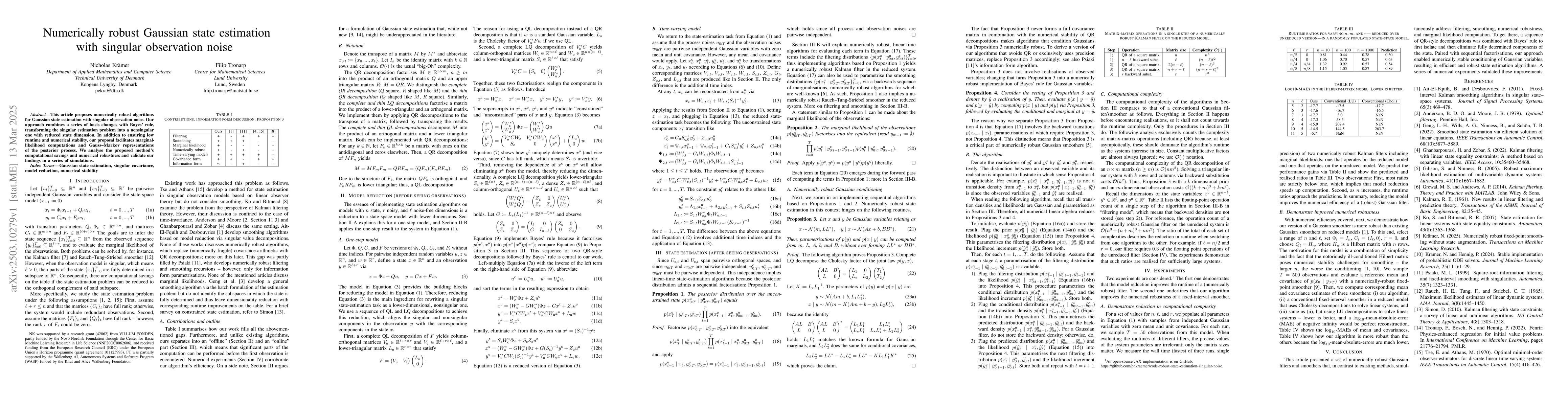 Thumbnail for Numerically robust Gaussian state estimation with singular observation
  noise