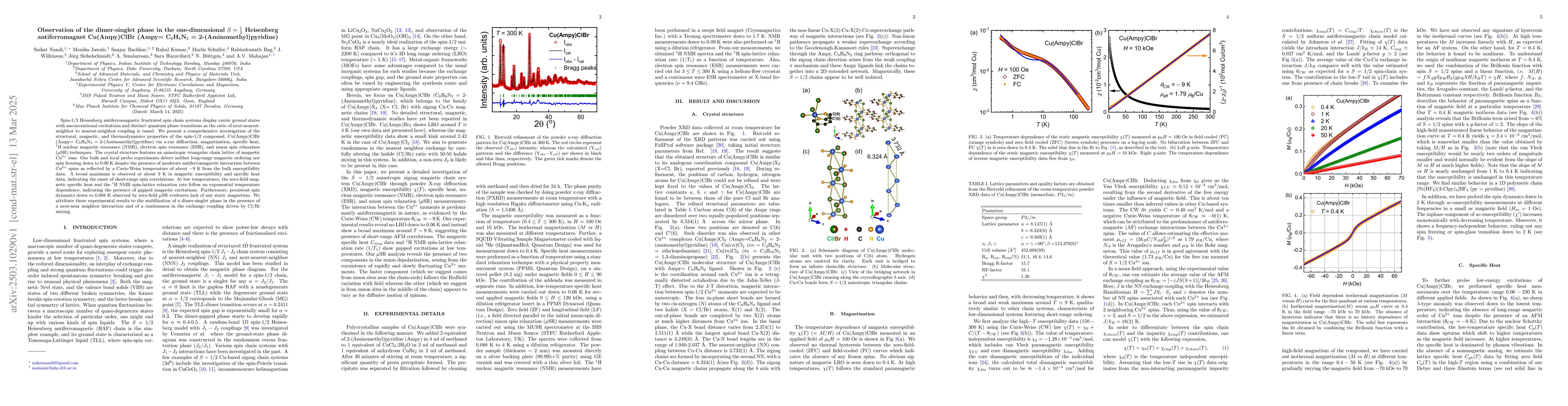 Thumbnail for Observation of the dimer-singlet phase in the one-dimensional S = 1/2
  Heisenberg antiferromagnet Cu(Ampy)ClBr (Ampy= C6H8N2 =
  2-(Aminomethyl)pyridine)