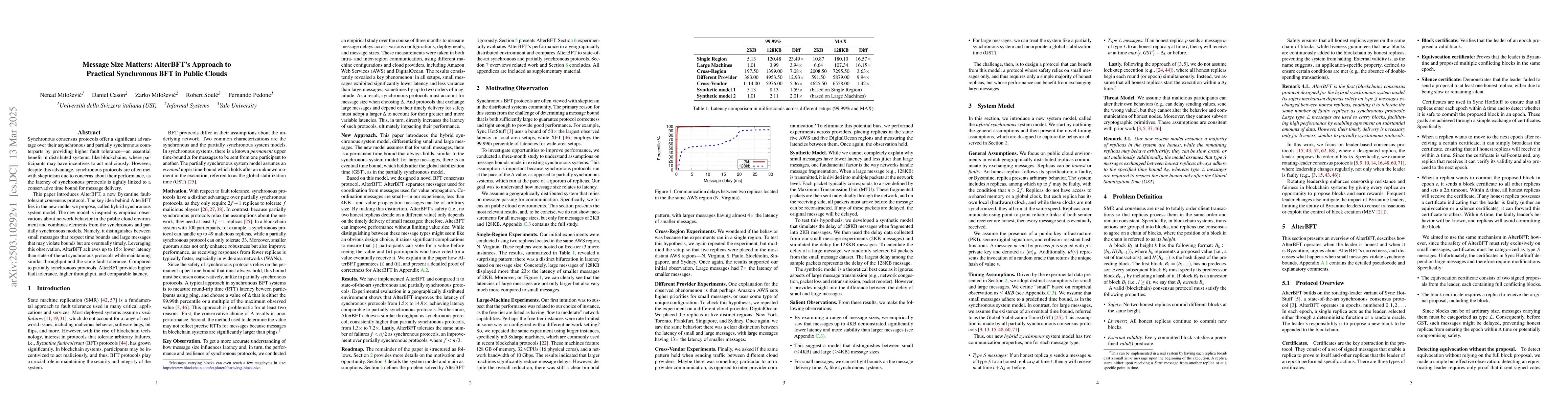 Thumbnail for Message Size Matters: AlterBFT's Approach to Practical Synchronous BFT
  in Public Clouds