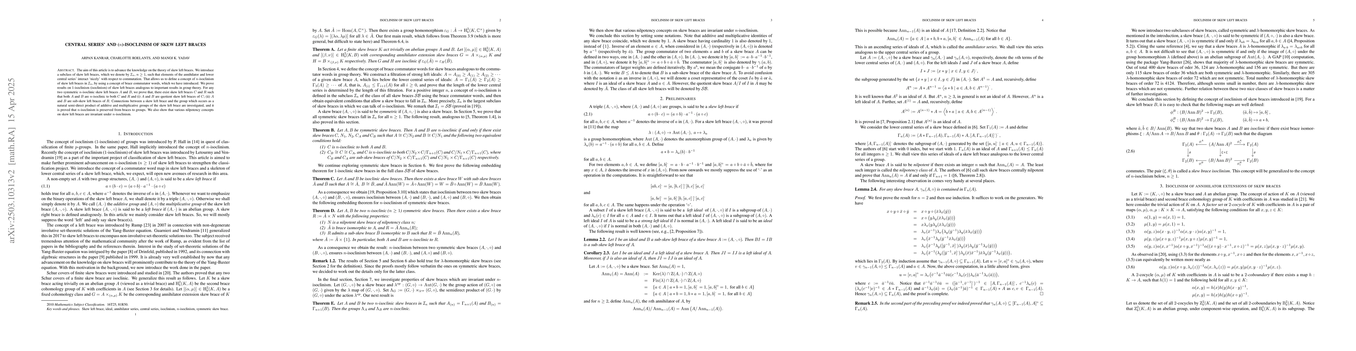 Thumbnail for Central series' and ($n$)-isoclinism of skew left braces