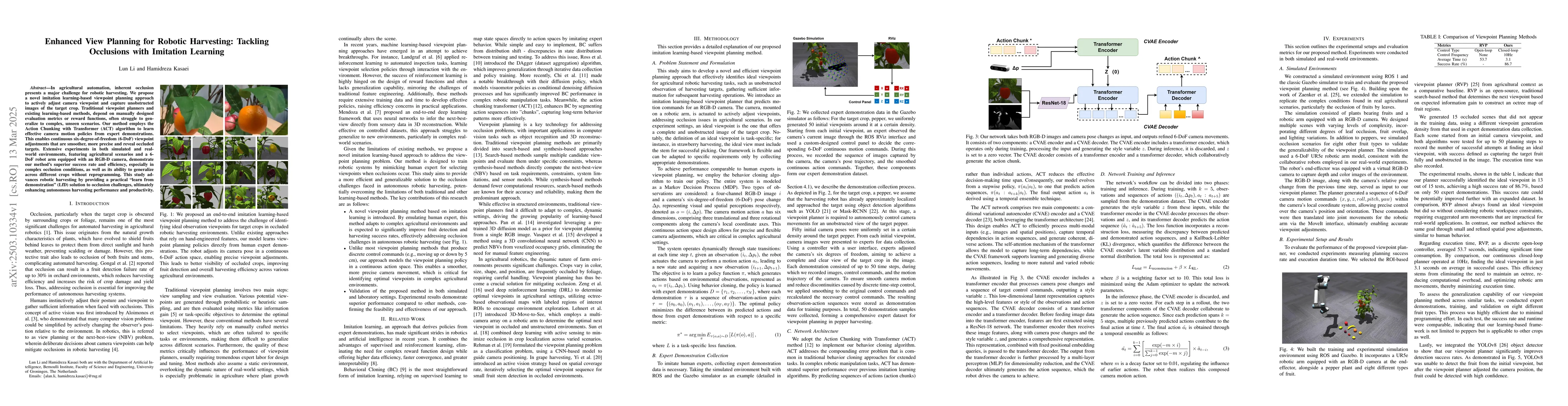 Thumbnail for Enhanced View Planning for Robotic Harvesting: Tackling Occlusions with
  Imitation Learning