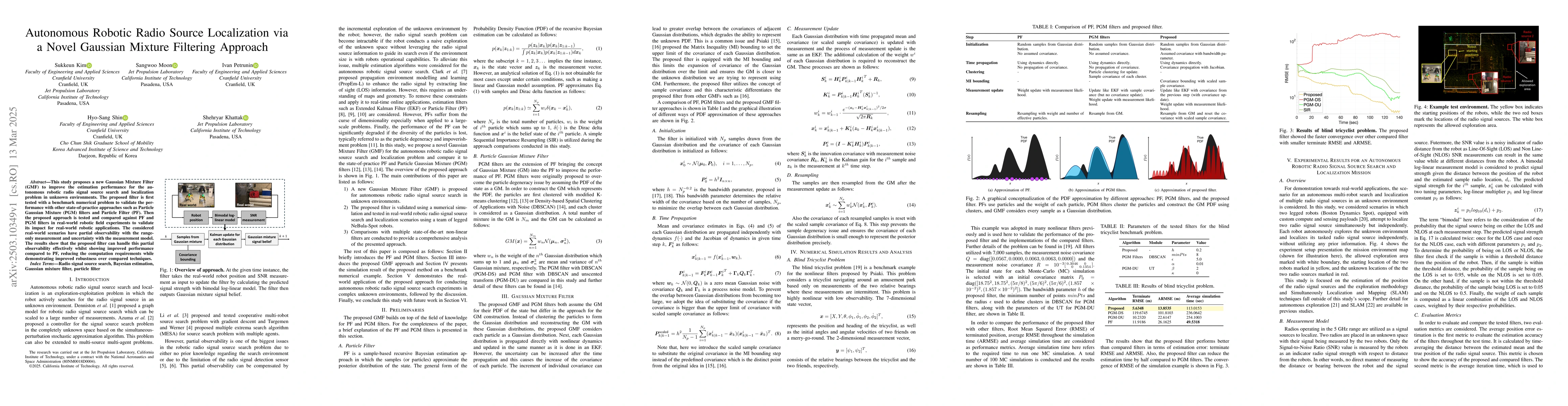 Thumbnail for Autonomous Robotic Radio Source Localization via a Novel Gaussian
  Mixture Filtering Approach