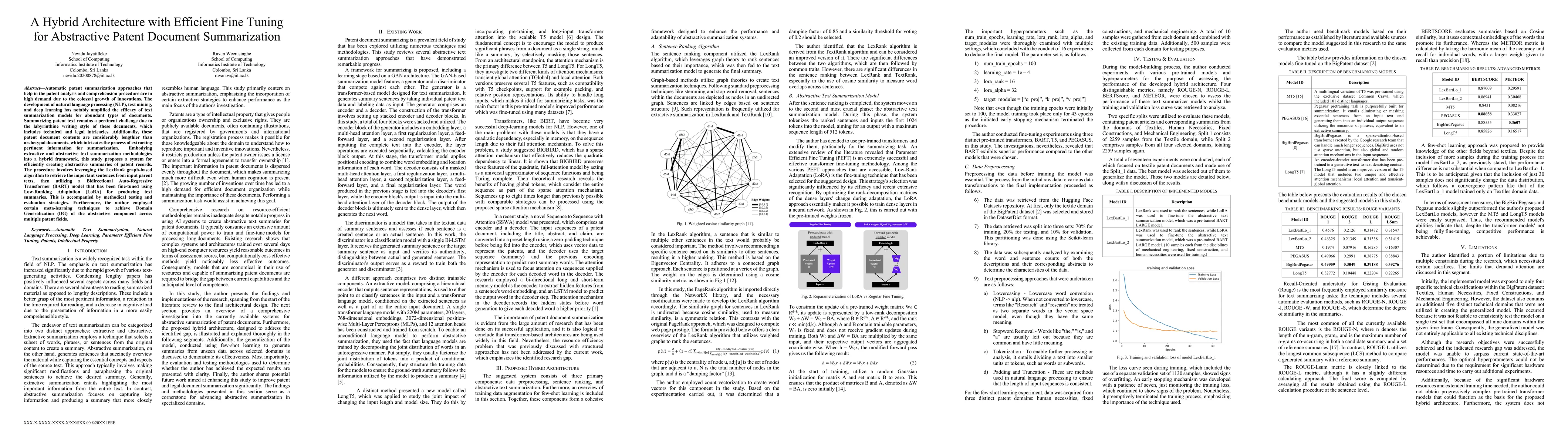 Thumbnail for A Hybrid Architecture with Efficient Fine Tuning for Abstractive Patent
  Document Summarization