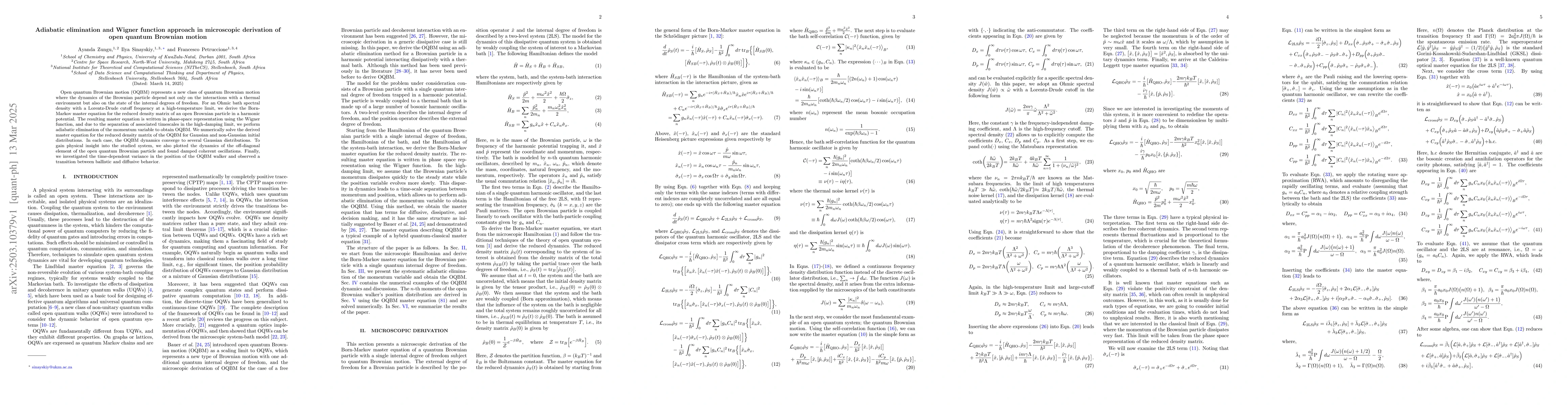 Thumbnail for Adiabatic elimination and Wigner function approach in microscopic
  derivation of open quantum Brownian motion
