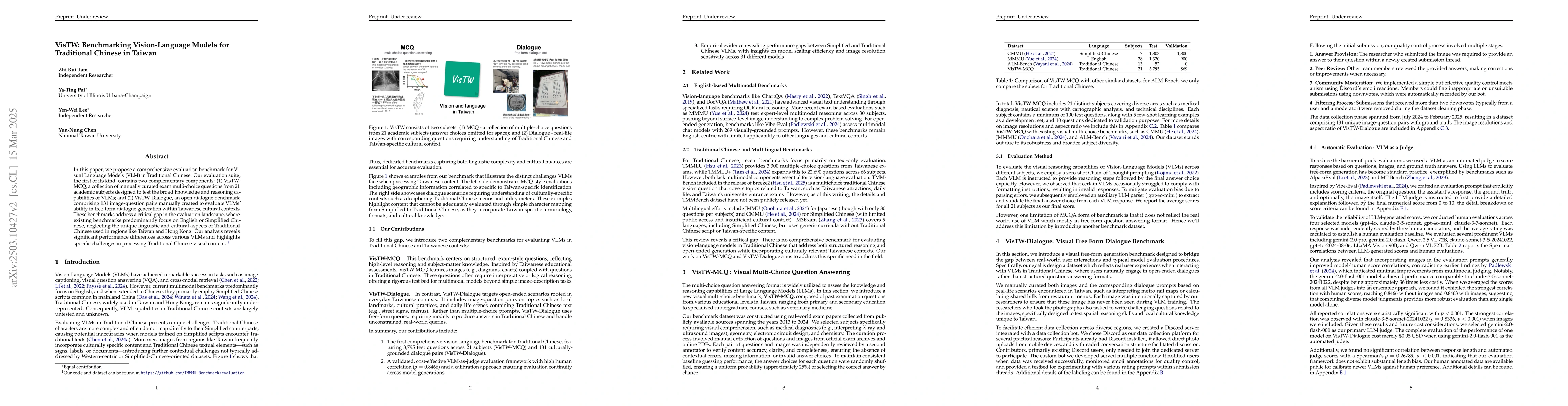 Thumbnail for VisTW: Benchmarking Vision-Language Models for Traditional Chinese in
  Taiwan