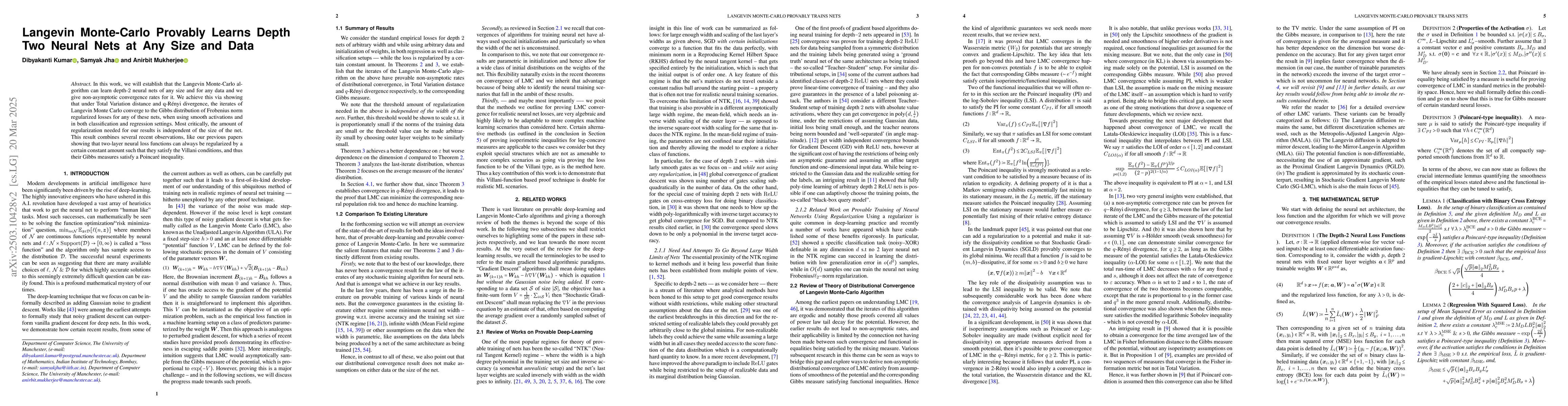 Thumbnail for Langevin Monte-Carlo Provably Learns Depth Two Neural Nets at Any Size
  and Data