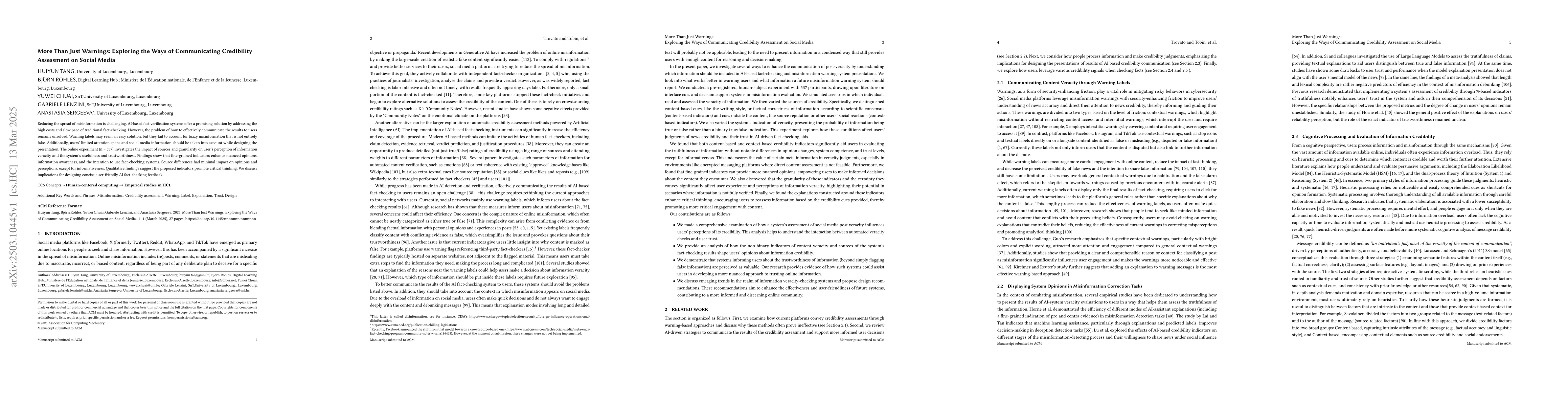 Thumbnail for More Than Just Warnings:Exploring the Ways of Communicating Credibility
  Assessment on Social Media