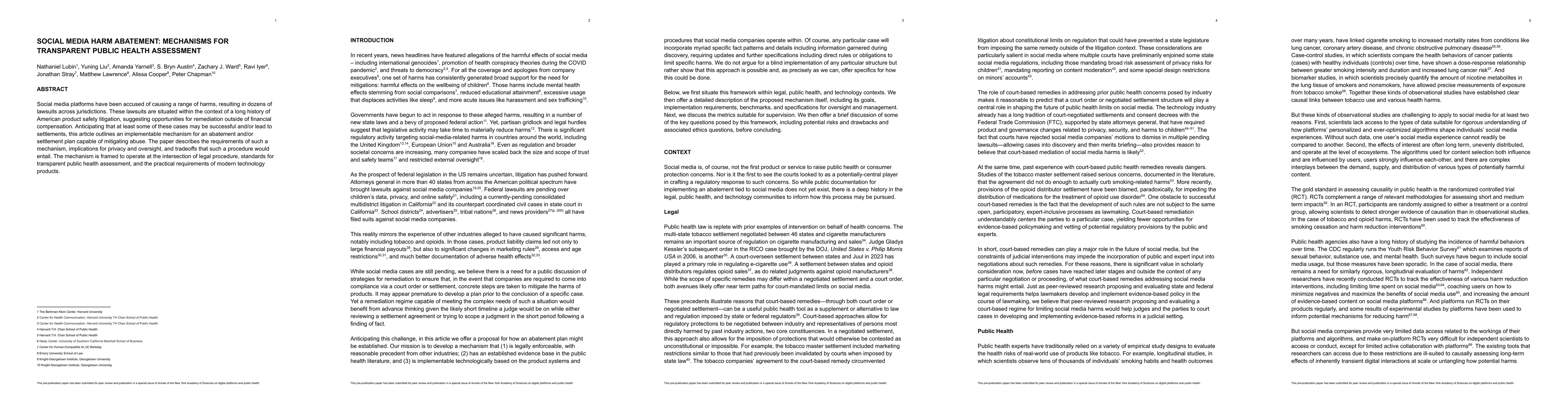 Thumbnail for Social Media Harm Abatement: Mechanisms for Transparent Public Health
  Assessment