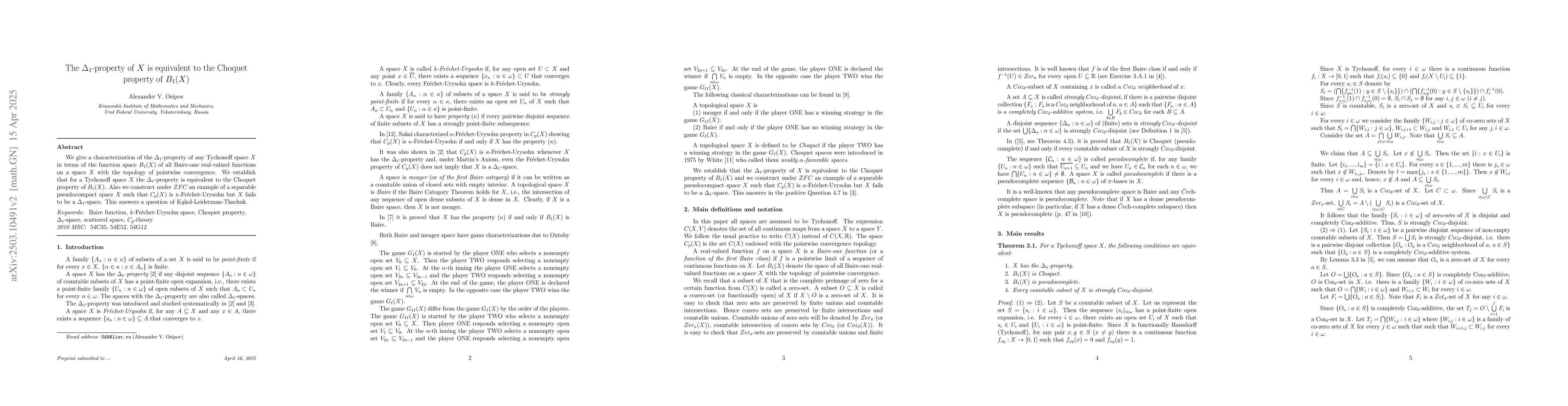 Thumbnail for The $Δ_1$-property of $X$ is equivalent to the Choquet property of
  $B_1(X)$