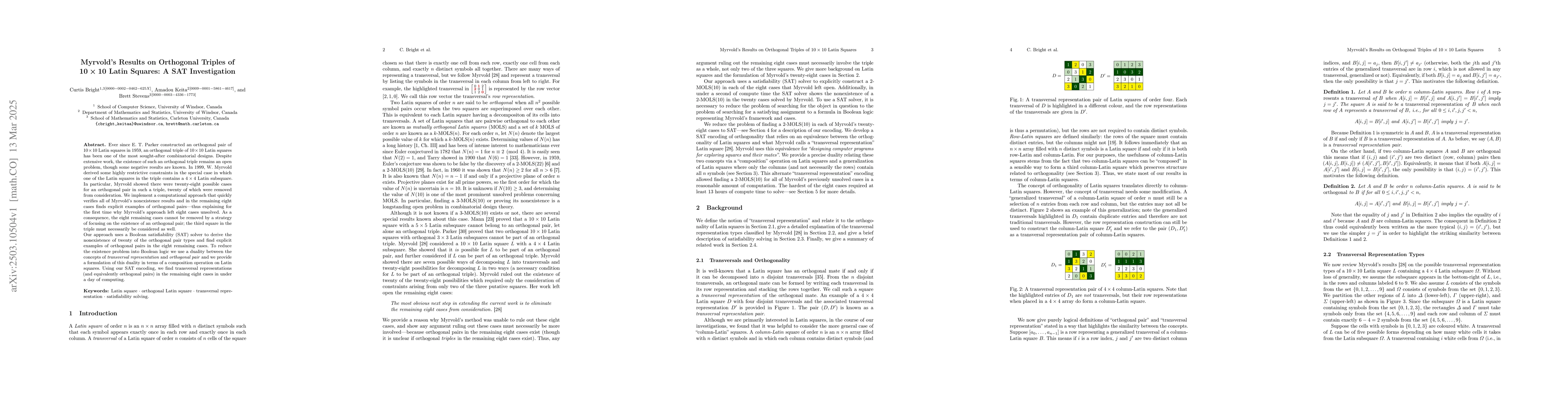 Thumbnail for Myrvold's Results on Orthogonal Triples of $10 \times 10$ Latin Squares:
  A SAT Investigation