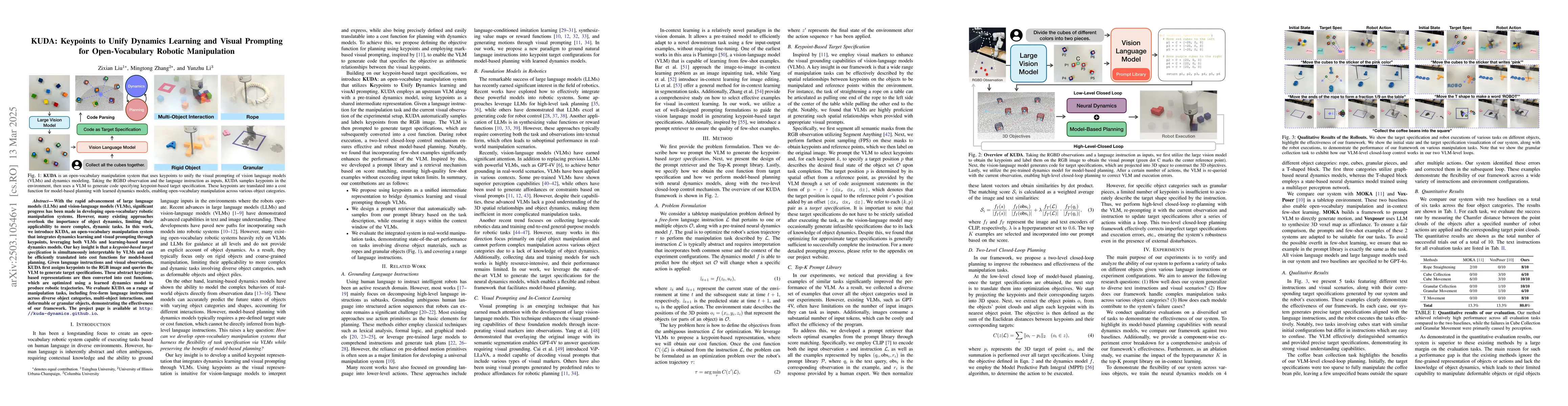 Thumbnail for KUDA: Keypoints to Unify Dynamics Learning and Visual Prompting for
  Open-Vocabulary Robotic Manipulation