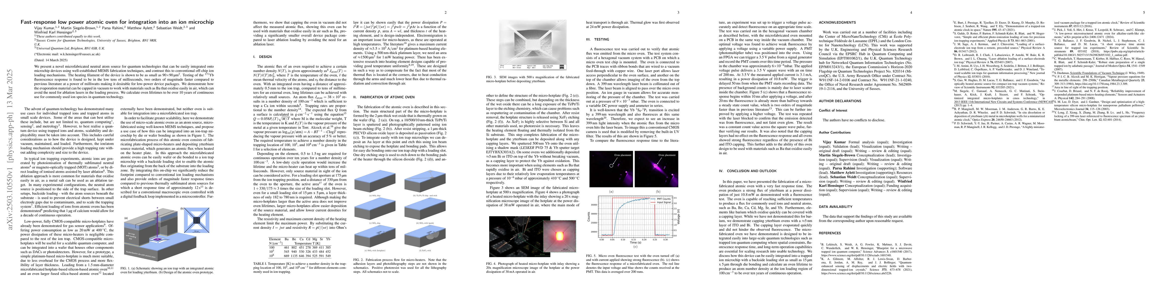 Thumbnail for Fast-response low power atomic oven for integration into an ion
  microchip