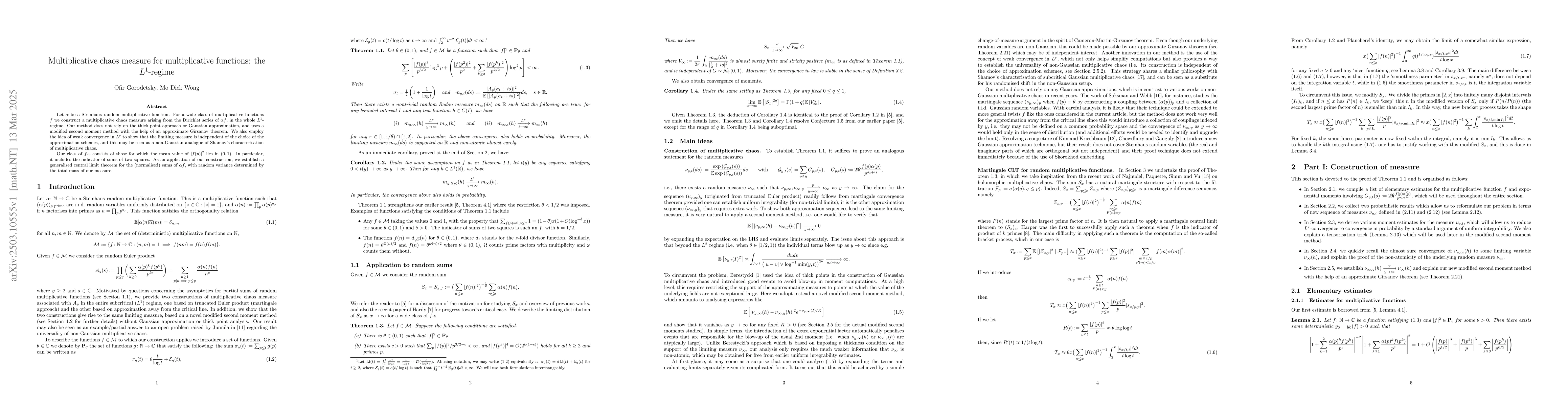 Thumbnail for Multiplicative chaos measure for multiplicative functions: the
  $L^1$-regime
