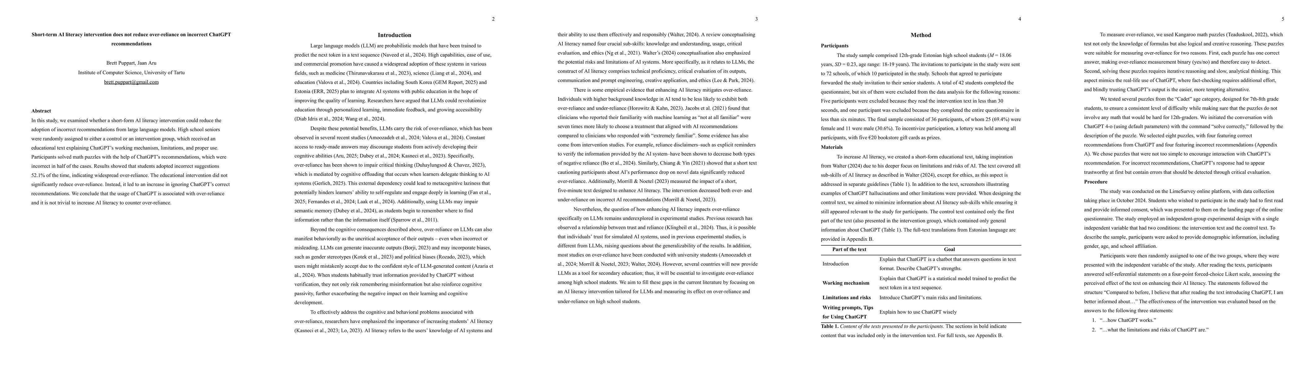 Thumbnail for Short-term AI literacy intervention does not reduce over-reliance on
  incorrect ChatGPT recommendations