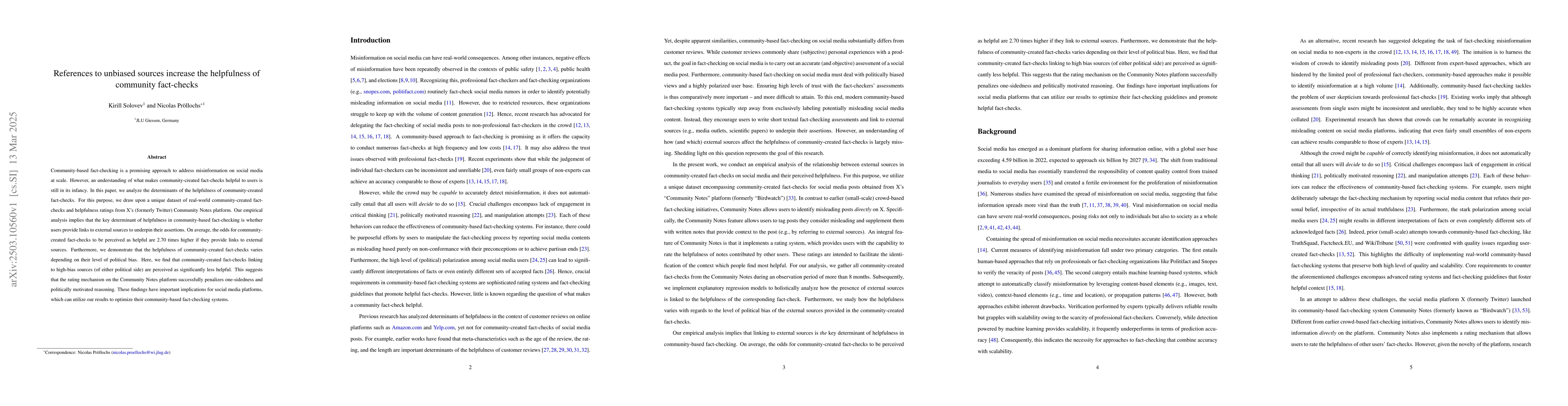 Thumbnail for References to unbiased sources increase the helpfulness of community
  fact-checks