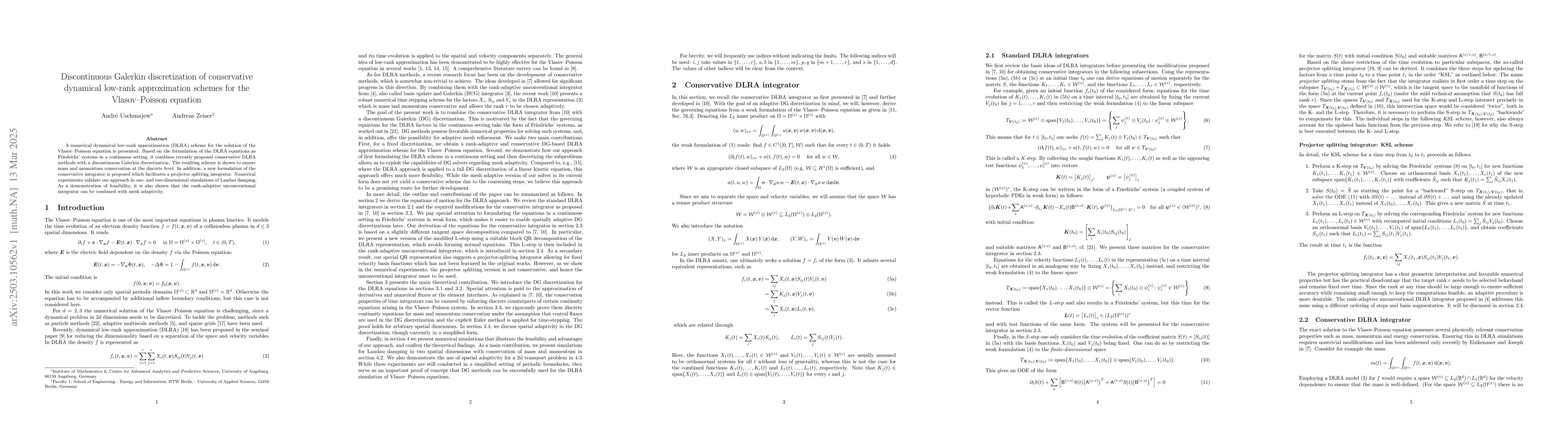 Thumbnail for Discontinuous Galerkin discretization of conservative dynamical low-rank
  approximation schemes for the Vlasov-Poisson equation