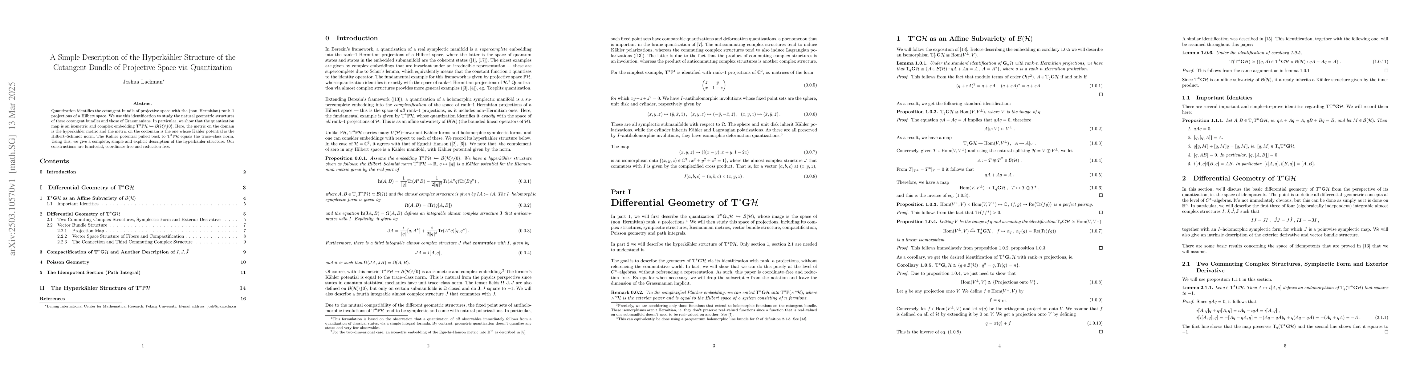 Thumbnail for A Simple Description of the Hyperkähler Structure of the Cotangent
  Bundle of Projective Space via Quantization