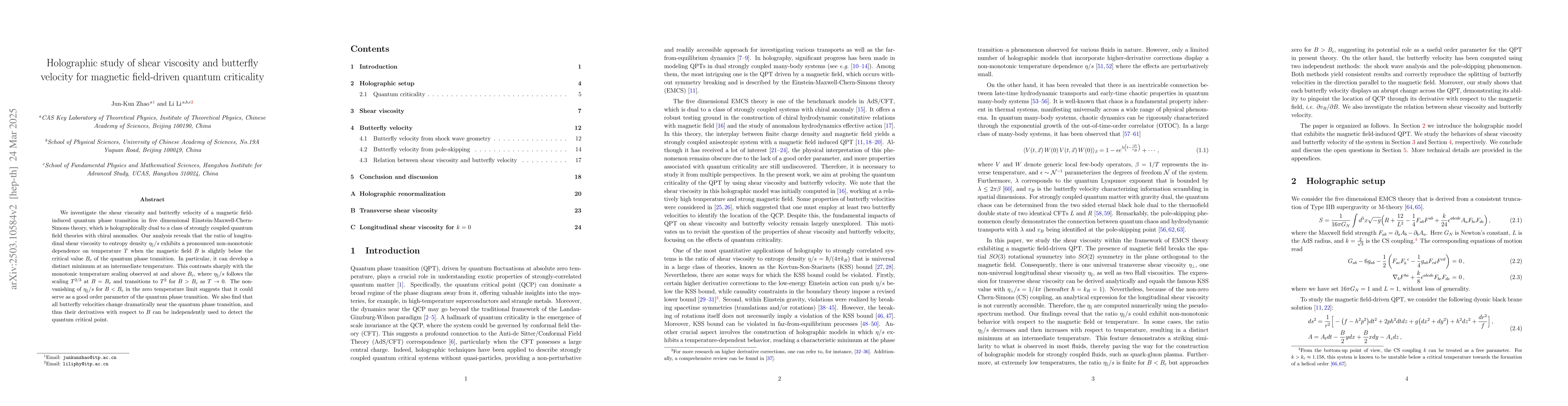 Thumbnail for Holographic study of shear viscosity and butterfly velocity for magnetic
  field-driven quantum criticality