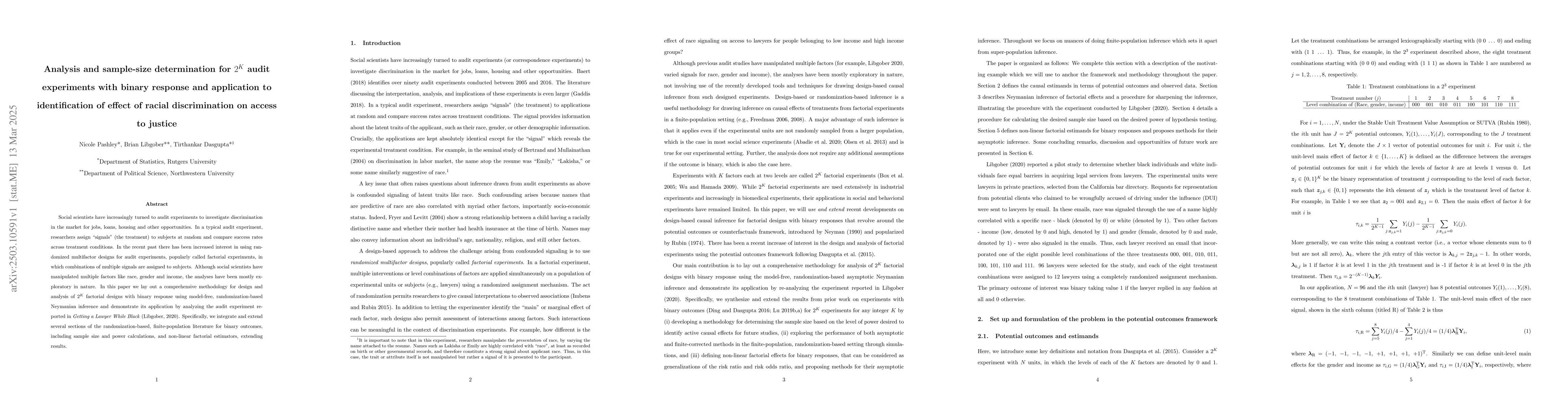 Thumbnail for Analysis and sample-size determination for $2^K$ audit experiments with
  binary response and application to identification of effect of racial
  discrimination on access to justice