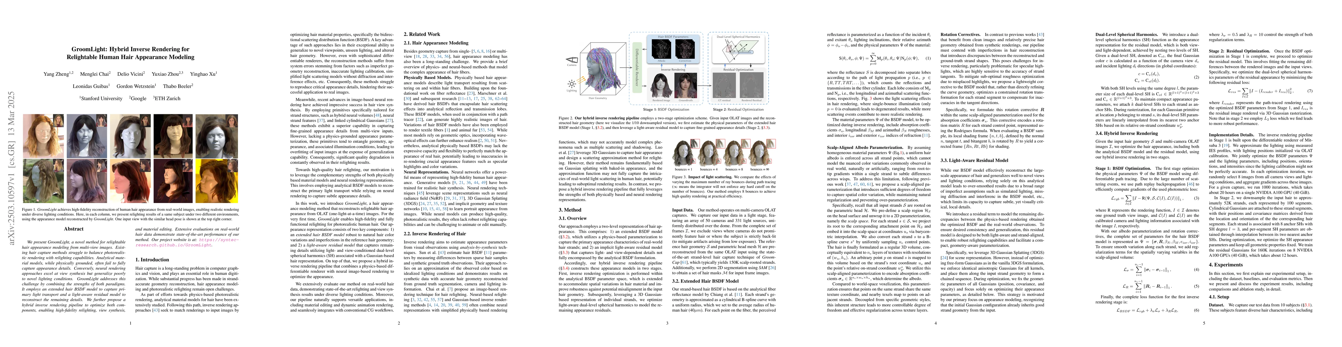 Thumbnail for GroomLight: Hybrid Inverse Rendering for Relightable Human Hair
  Appearance Modeling