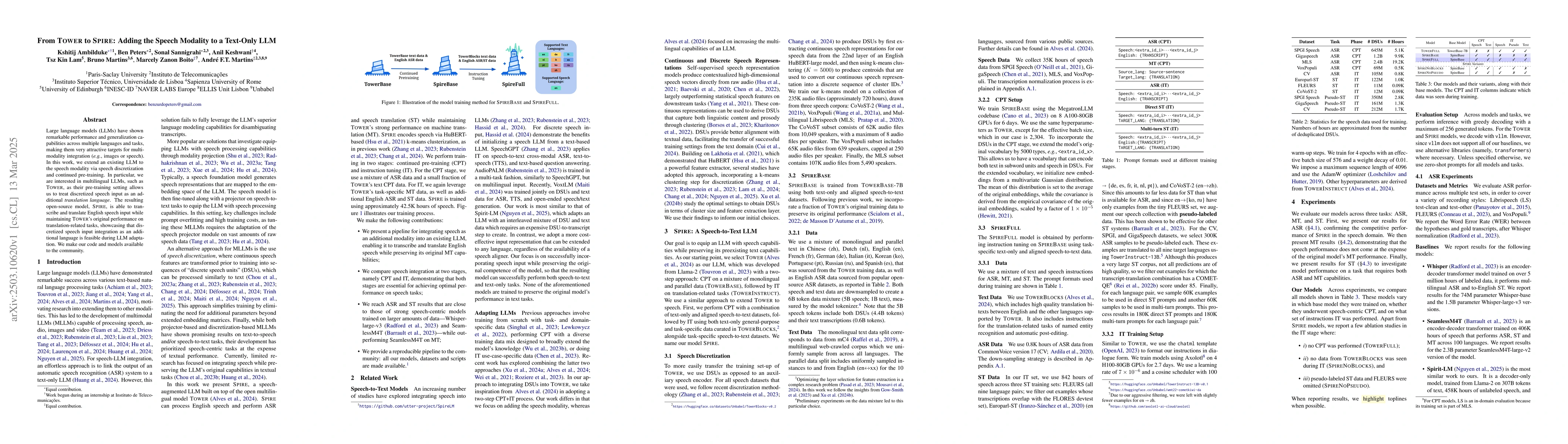 Thumbnail for From TOWER to SPIRE: Adding the Speech Modality to a Text-Only LLM