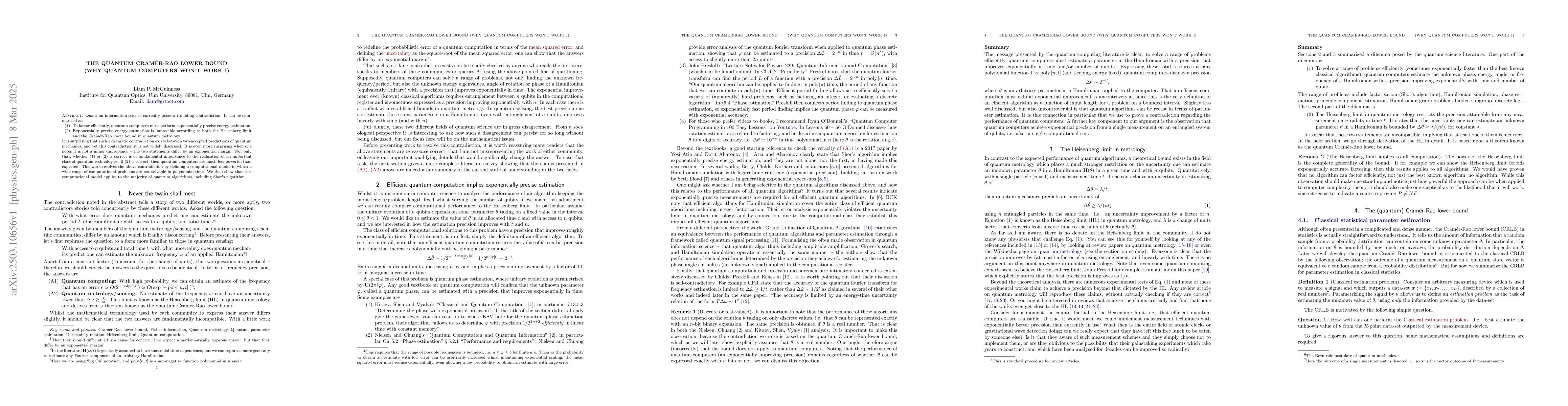 Thumbnail for The Quantum Cramér-Rao lower bound (Why quantum computers won't work
  I)