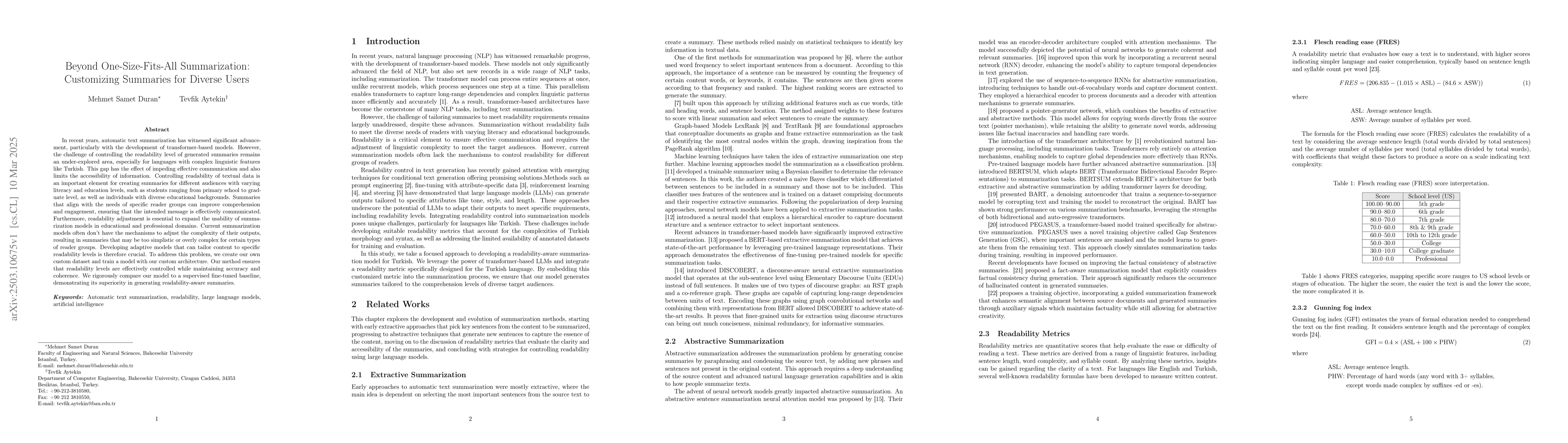 Thumbnail for Beyond One-Size-Fits-All Summarization: Customizing Summaries for
  Diverse Users
