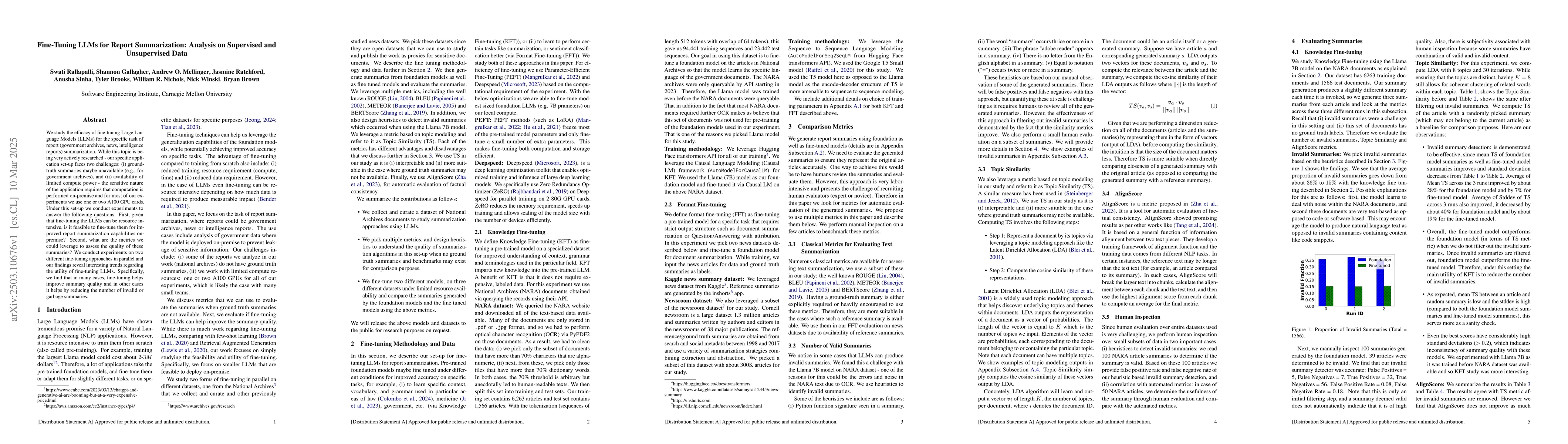 Thumbnail for Fine-Tuning LLMs for Report Summarization: Analysis on Supervised and
  Unsupervised Data
