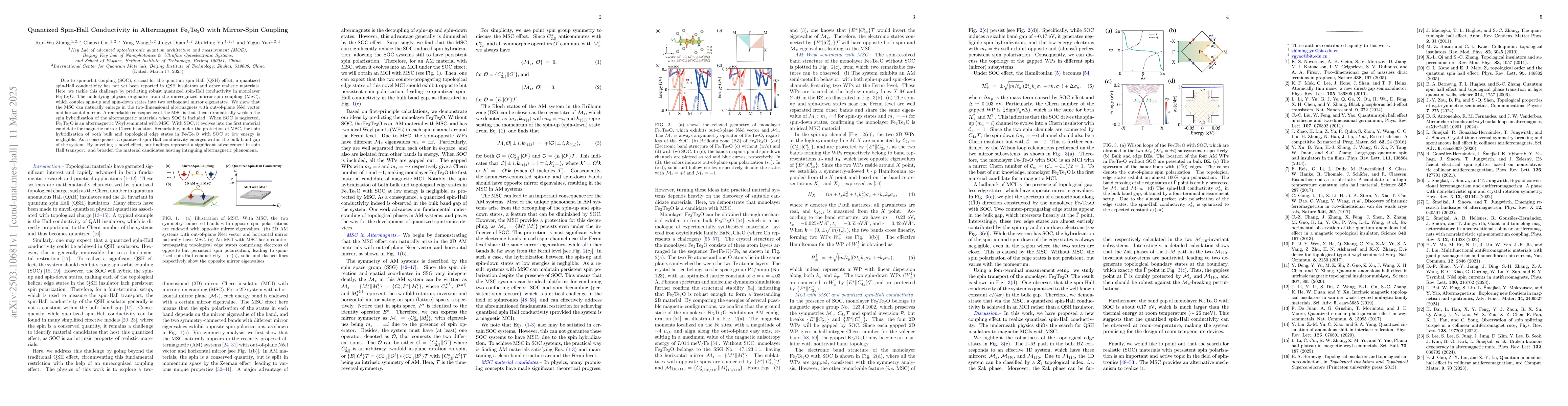 Thumbnail for Quantized Spin-Hall Conductivity in Altermagnet Fe$_2$Te$_2$O with
  Mirror-Spin Coupling