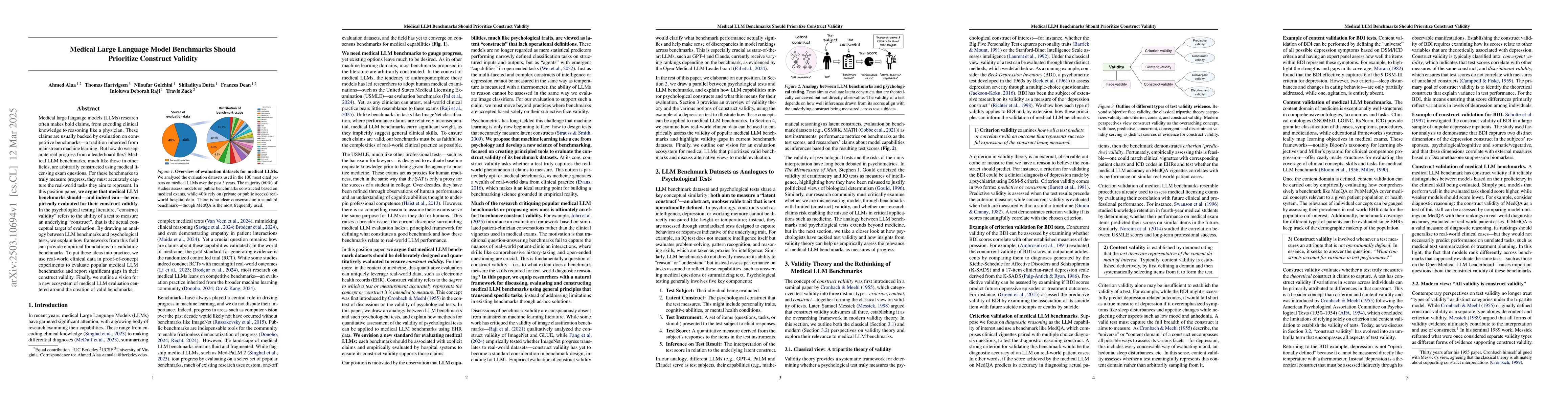 Thumbnail for Medical Large Language Model Benchmarks Should Prioritize Construct
  Validity