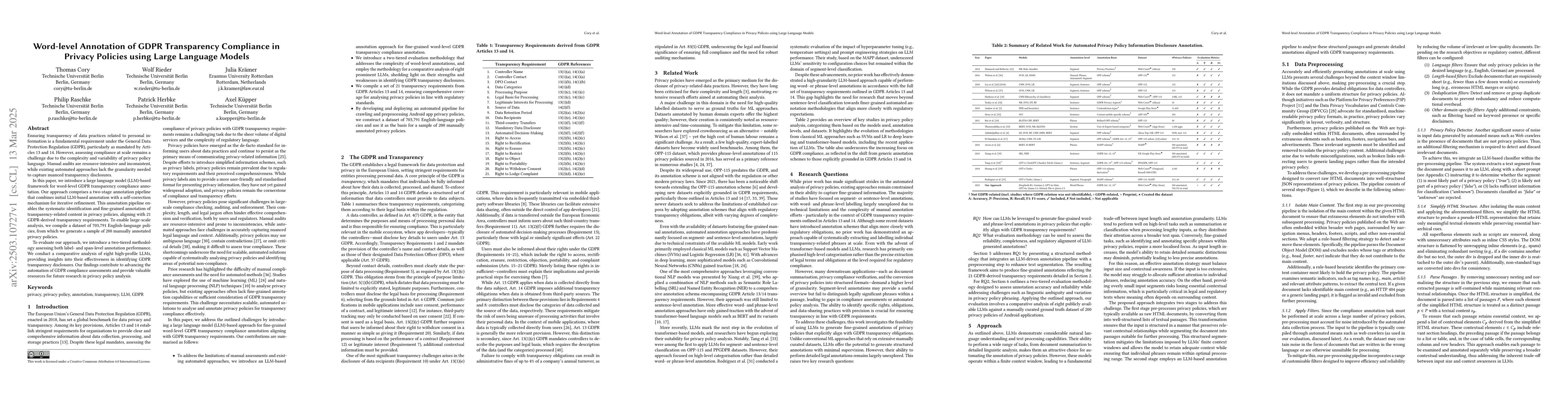 Thumbnail for Word-level Annotation of GDPR Transparency Compliance in Privacy
  Policies using Large Language Models