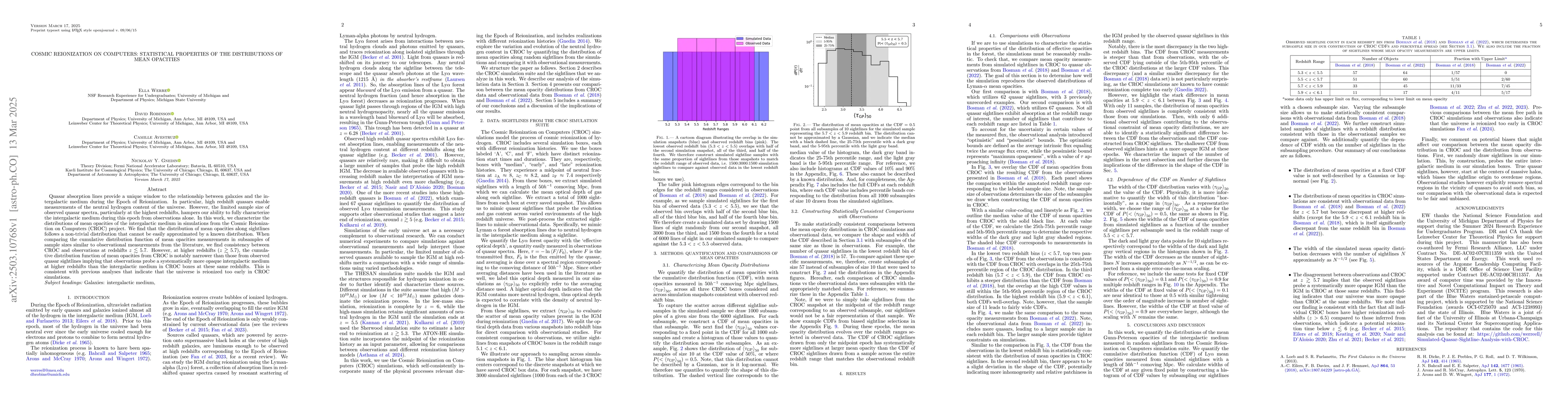 Thumbnail for Cosmic Reionization on Computers: Statistical Properties of the
  Distributions of Mean Opacities