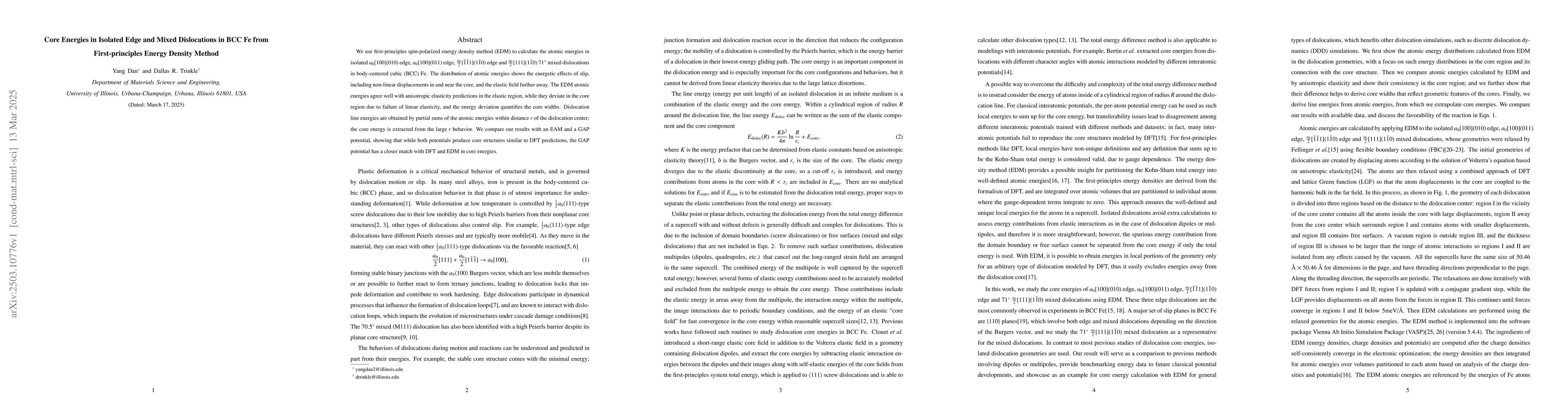 Thumbnail for Core Energies in Isolated Edge and Mixed Dislocations in BCC Fe from
  First-principles Energy Density Method