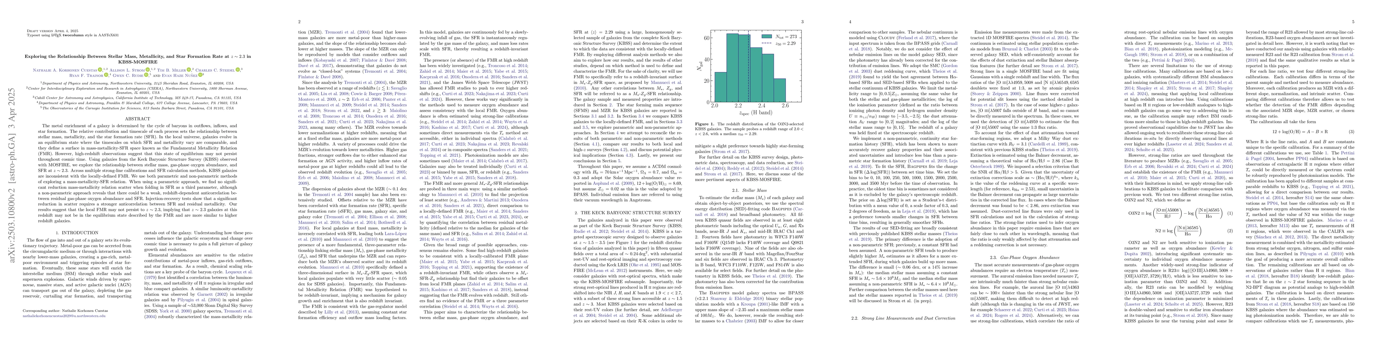 Thumbnail for Exploring the Relationship Between Stellar Mass, Metallicity, and Star
  Formation Rate at $z \sim 2.3$ in KBSS-MOSFIRE