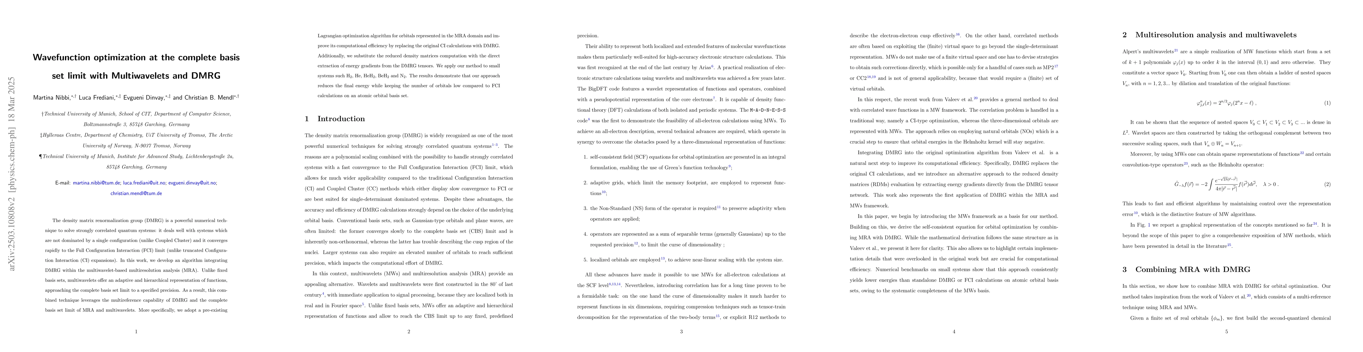 Thumbnail for Wavefunction optimization at the complete basis set limit with
  Multiwavelets and DMRG