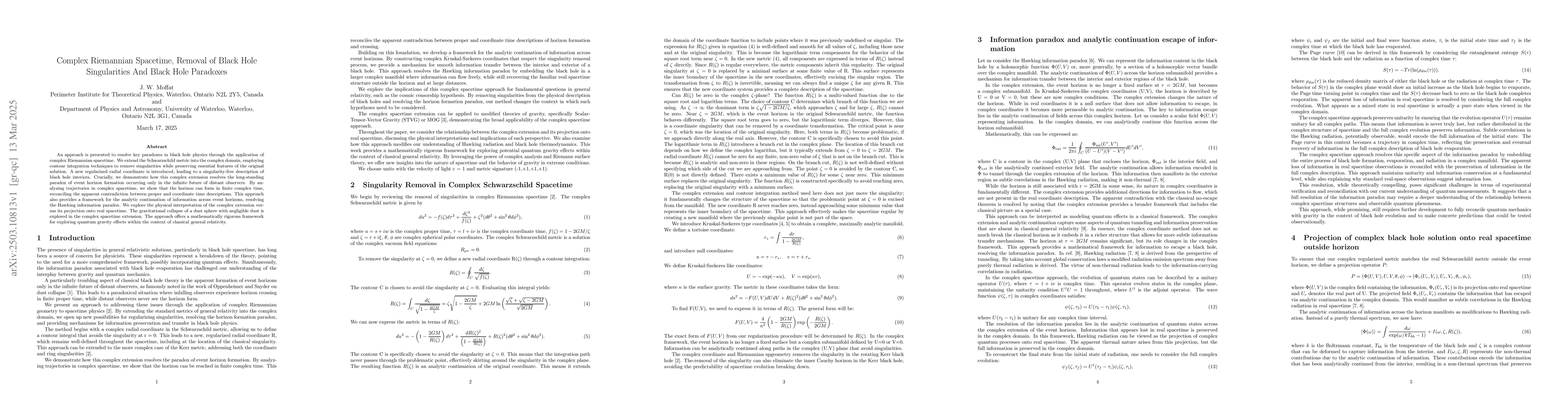 Thumbnail for Complex Riemannian Spacetime, Removal of Black Hole Singularities And
  Black Hole Paradoxes
