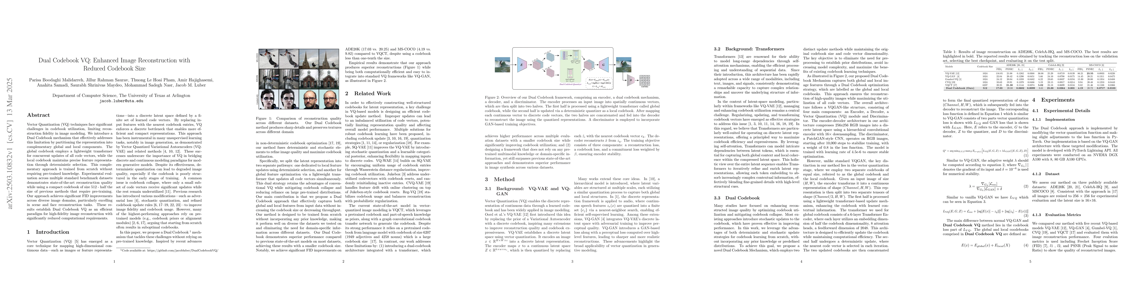Thumbnail for Dual Codebook VQ: Enhanced Image Reconstruction with Reduced Codebook
  Size