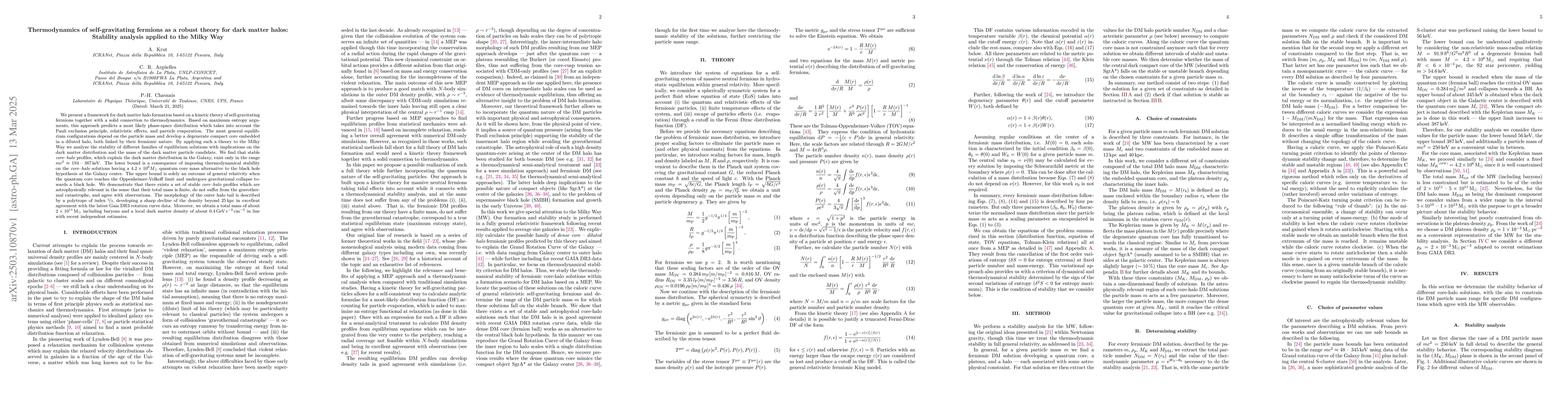 Thumbnail for Thermodynamics of self-gravitating fermions as a robust theory for dark
  matter halos: Stability analysis applied to the Milky Way